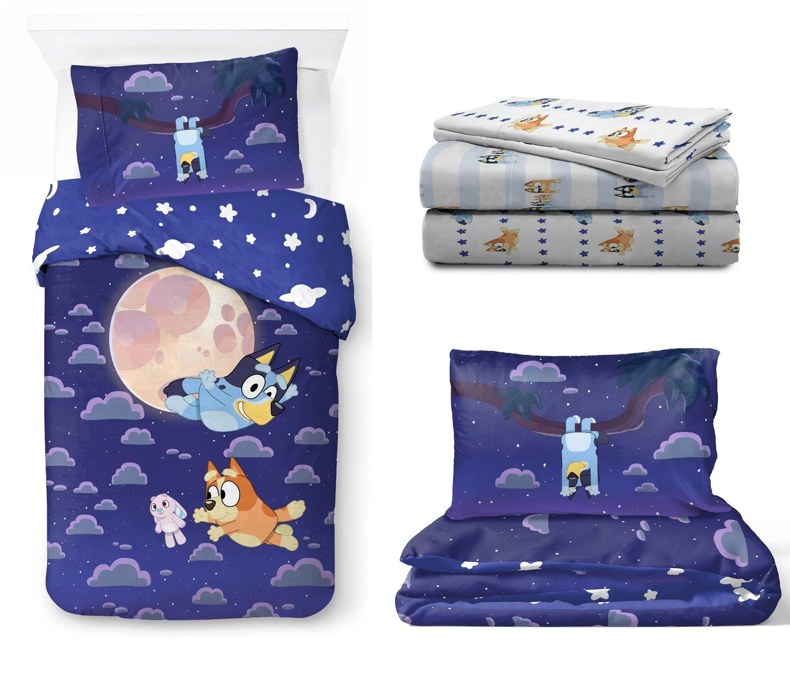Juego Ropa de Cama Matrimonial Edredon 2 vistas Sabanas Bluey Azul 6pz
