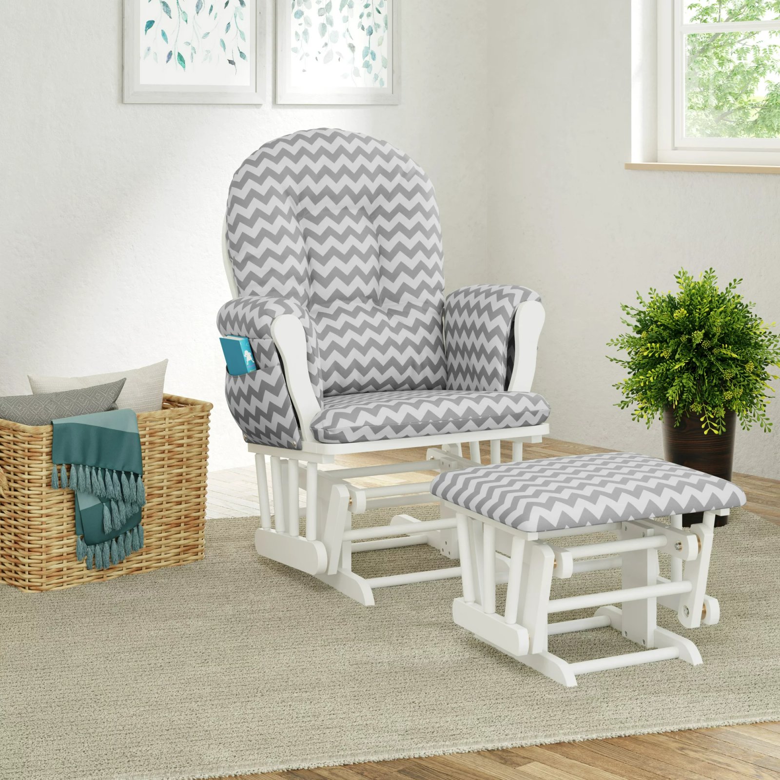 Mecedora Con Descansapies Storkcraft Blanco Tapiz Gris Chevron