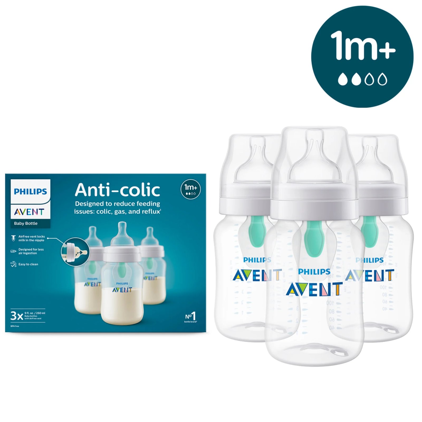 Philips Avent 3 Biberones Anticolico Airfree 255ml 9oz Color Transparente