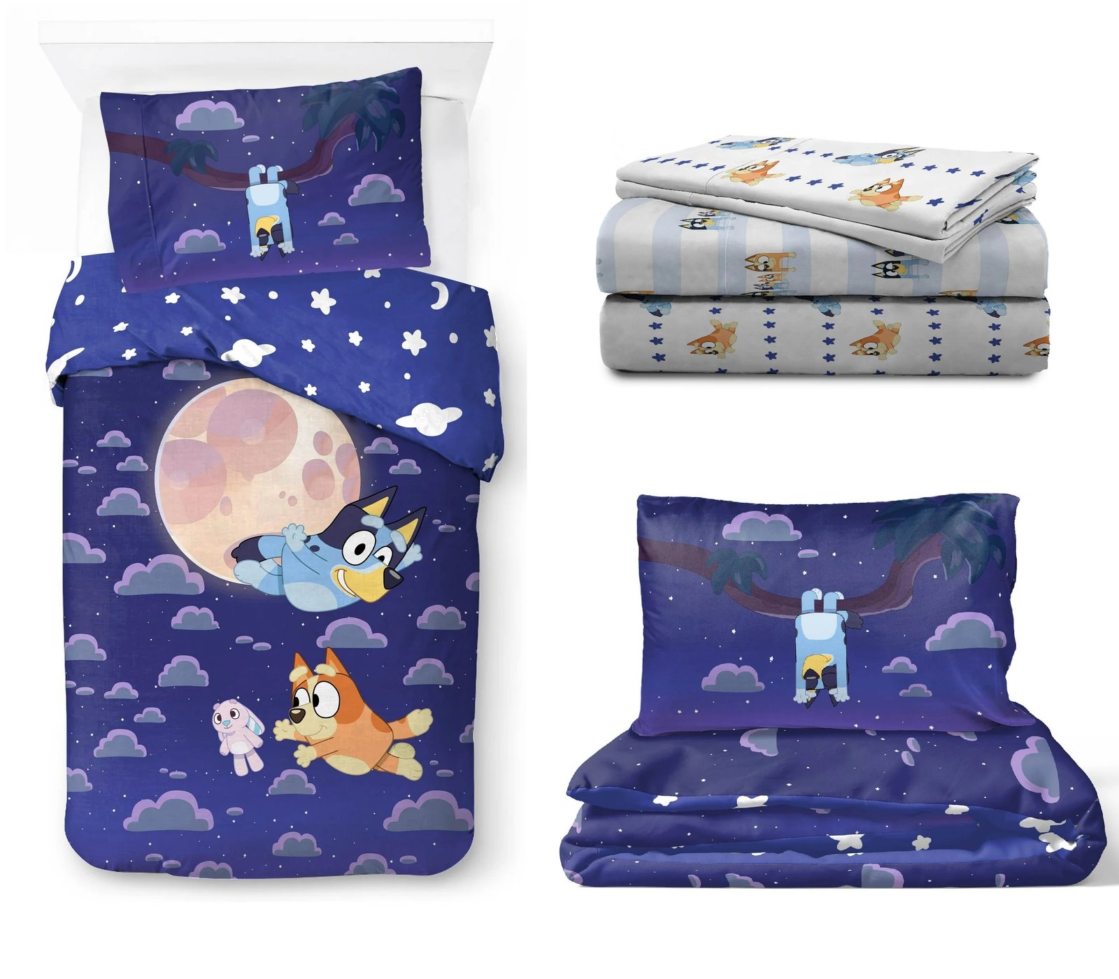 Set ropa de Cama Individual Bluey Azul 5pz Edredon 2 Vistas Sabanas